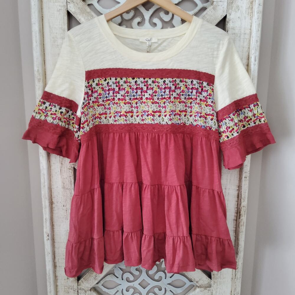 Easel Women's Small Ruffle Lace Floral Flowy Babydoll Top Cotton Relaxed Fit